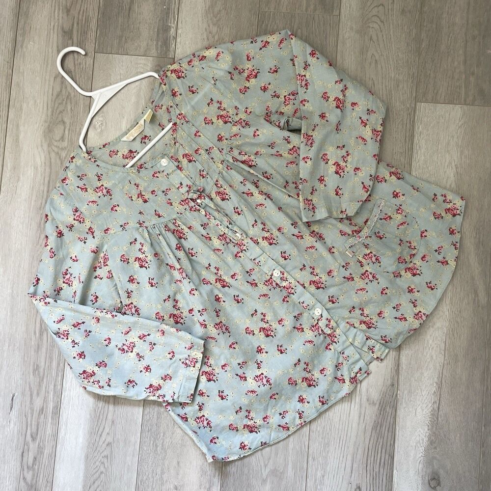 Floral Peasant Blouse cotton button front womens Blue small prairie cottagecore